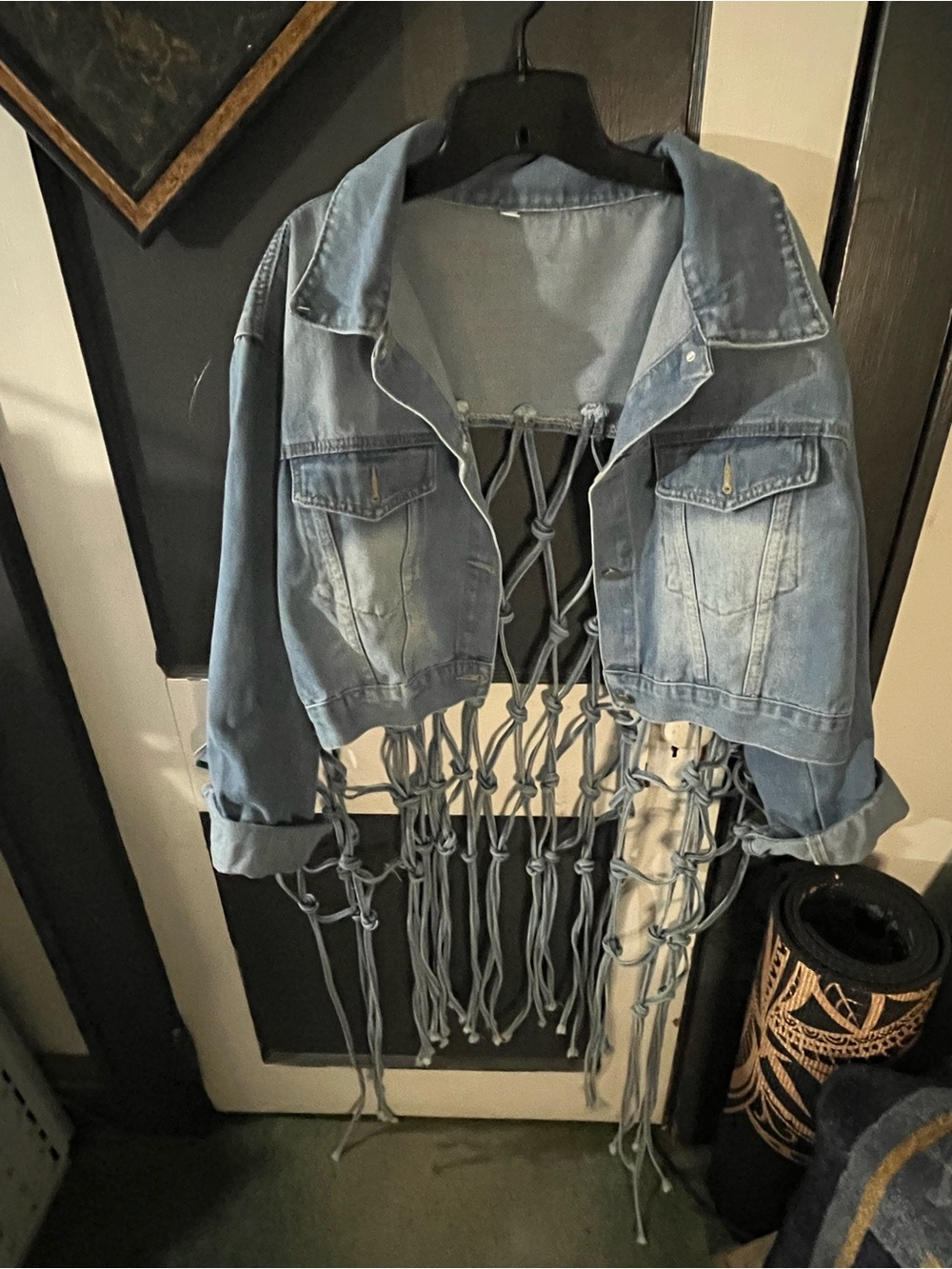 Light Wash Cropped Denim Jacket with Macramé Fringe (tub#6)